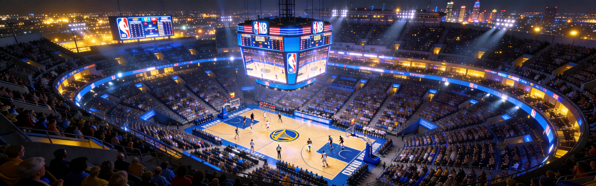 篮球比赛场馆全景夜景，灯光璀璨的NBA赛场